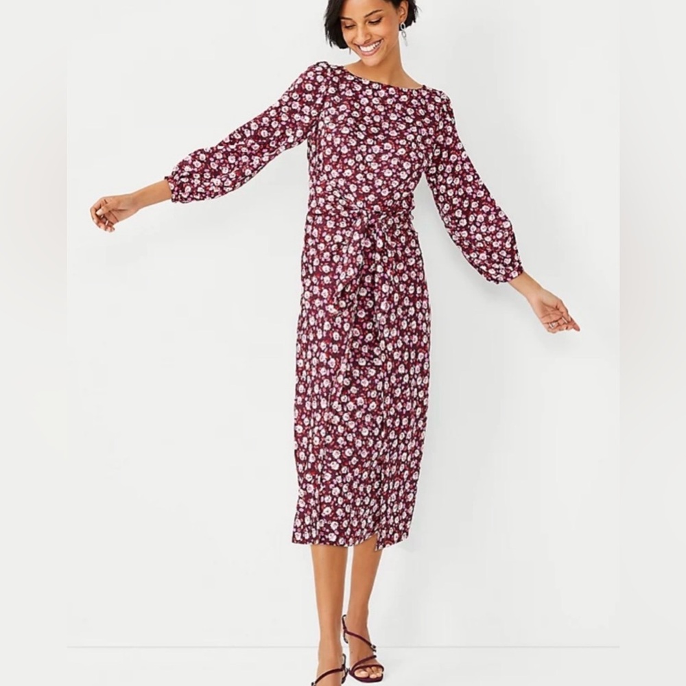 Ann Taylor Floral Tie Waist Long Sleeve Dress